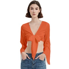 An Orange Background With A Black Border Trumpet Sleeve Cropped Top