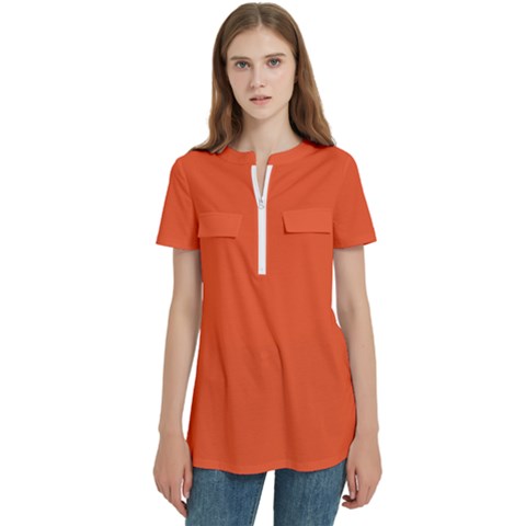 An Orange Background With A Black Border Women s Zip Front V-neck Short Sleeve Casual Top Pocket Shirt by catchydesignhill