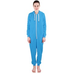 A Blue Background With A Black And White Cat On Top Of It Hooded Jumpsuit (ladies)