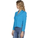 A Blue Background With A Black And White Cat On Top Of It Women s Long Sleeve Revers Collar Cropped Jacket View2