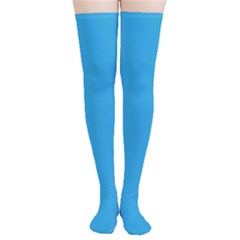 A Blue Background With A Black And White Cat On Top Of It Thigh High Stockings by catchydesignhill