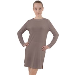 A Brown Wall With A Clock On It Long Sleeve Hoodie Dress