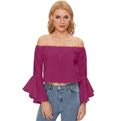 A Pink Background With A White Border Off Shoulder Flutter Bell Sleeve Top