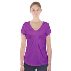 A Purple Background With A White Border Short Sleeve Front Detail Top