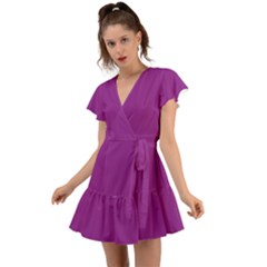 A Purple Background With A White Border Flutter Sleeve Wrap Dress by catchydesignhill