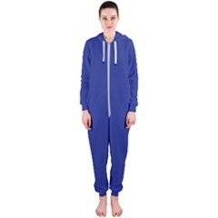 An Airplane Flying In The Sky With A Blue Background Hooded Jumpsuit (ladies)