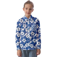 White Hibiscus Flowers And Dhari With Sting Ray, Turtle And Shark On Kids  Long Sleeve Shirt by DeadlyKidsClothing2024