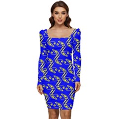 Eye Of Horus Pattern Women Long Sleeve Ruched Stretch Jersey Dress