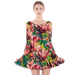 Abstract Floral Artwork Long Sleeve Velvet Skater Dress