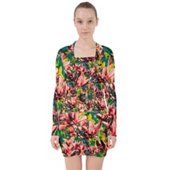 Abstract Floral Artwork V-neck Bodycon Long Sleeve Dress by ExtraGoodSauce