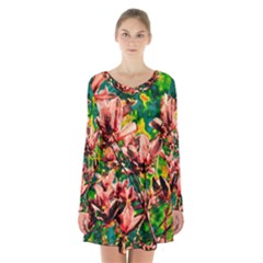 Abstract Floral Artwork Long Sleeve Velvet V-neck Dress by ExtraGoodSauce