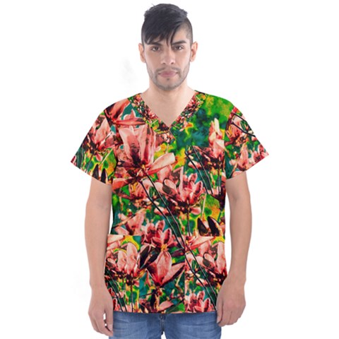 Abstract Floral Artwork Men s V-neck Scrub Top by ExtraGoodSauce