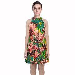 Abstract Floral Artwork Velvet Halter Neckline Dress 