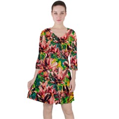 Abstract Floral Artwork Quarter Sleeve Ruffle Waist Dress by ExtraGoodSauce