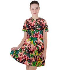 Abstract Floral Artwork Short Sleeve Shoulder Cut Out Dress  by ExtraGoodSauce