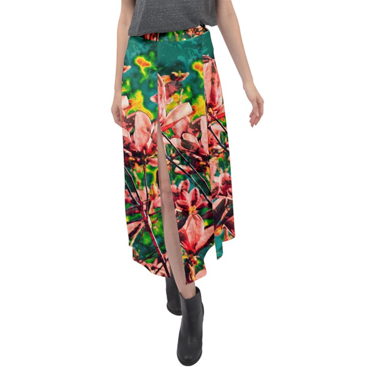 Abstract Floral Artwork Velour Split Maxi Skirt