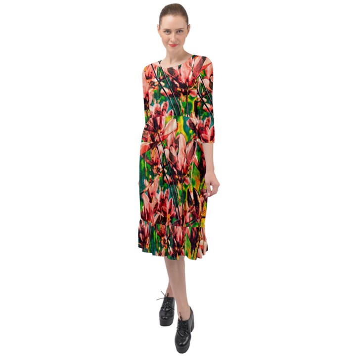 Abstract Floral Artwork Ruffle End Midi Chiffon Dress