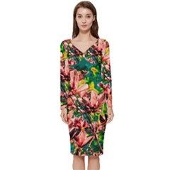 Abstract Floral Artwork Long Sleeve V-neck Bodycon Dress  by ExtraGoodSauce