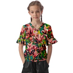 Abstract Floral Artwork Kids  V-neck Horn Sleeve Blouse by ExtraGoodSauce