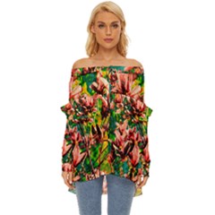 Abstract Floral Artwork Off Shoulder Chiffon Pocket Shirt by ExtraGoodSauce