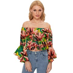 Abstract Floral Artwork Off Shoulder Flutter Bell Sleeve Top