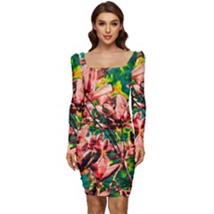 Abstract Floral Artwork Women Long Sleeve Ruched Stretch Jersey Dress by ExtraGoodSauce