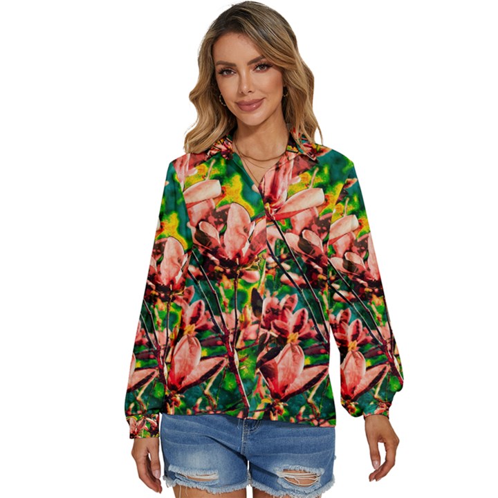 Abstract Floral Artwork Women s Long Sleeve Button Up Shirt