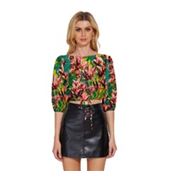 Abstract Floral Artwork Mid Sleeve Drawstring Hem Top by ExtraGoodSauce