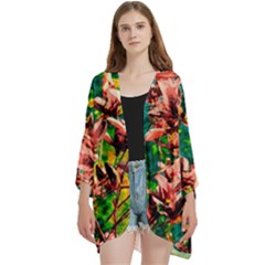 Abstract Floral Artwork Open Front 3/4 Sleeve Batwing Chiffon Cardigan Kimono by ExtraGoodSauce