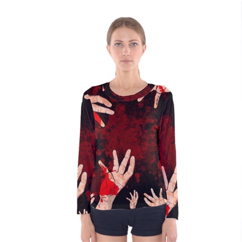 Horror Themed Bloody Hands Women s Long Sleeve T-shirt by ExtraGoodSauce