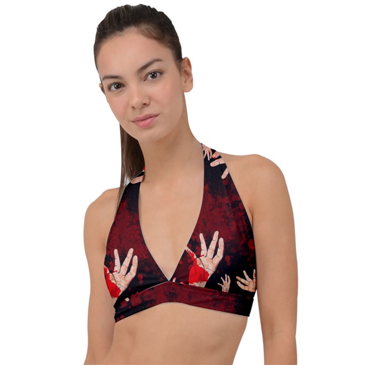 Horror Themed Bloody Hands Halter Plunge Bikini Top