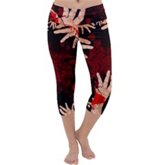 Horror Themed Bloody Hands Capri Yoga Leggings by ExtraGoodSauce