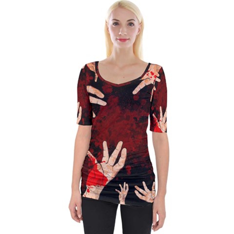 Horror Themed Bloody Hands Wide Neckline T-shirt by ExtraGoodSauce