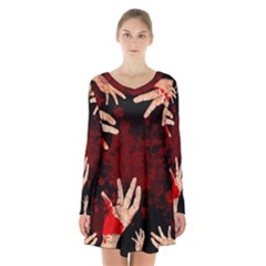 Horror Themed Bloody Hands Long Sleeve Velvet V-neck Dress