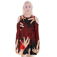 Horror Themed Bloody Hands Velvet Long Sleeve Shoulder Cutout Dress by ExtraGoodSauce