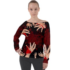 Horror Themed Bloody Hands Off Shoulder Long Sleeve Velour Top by ExtraGoodSauce