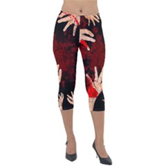 Horror Themed Bloody Hands Lightweight Velour Capri Leggings  by ExtraGoodSauce