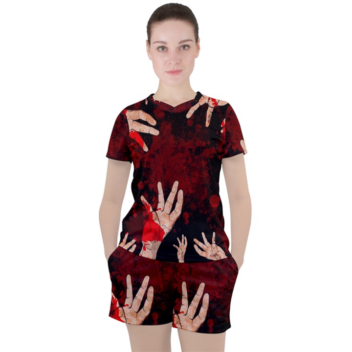 Horror Themed Bloody Hands Women s T-Shirt and Shorts Set