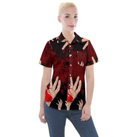 Horror Themed Bloody Hands Women s Short Sleeve Pocket Shirt by ExtraAwesomeSauce