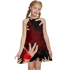 Horror Themed Bloody Hands Kids  Halter Collar Waist Tie Chiffon Dress by ExtraGoodSauce