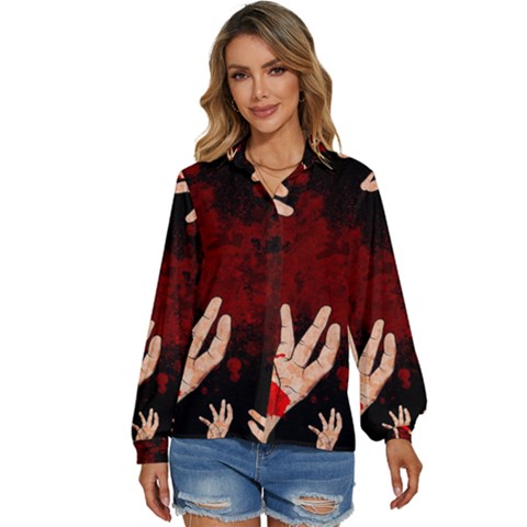 Horror Themed Bloody Hands Women s Long Sleeve Button Up Shirt by ExtraGoodSauce