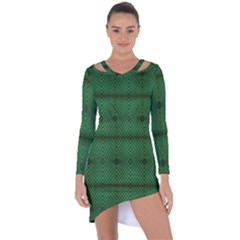 Green Diamond Grid Pattern Asymmetric Cut-Out Shift Dress