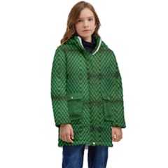 Green Diamond Grid Pattern Kids  Hooded Longline Puffer Jacket