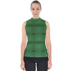 Green Diamond Grid Pattern Mock Neck Shell Top