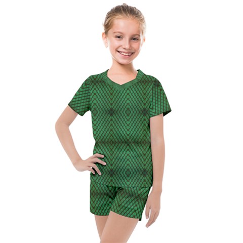 Green Diamond Grid Pattern Kids  Mesh T-shirt And Shorts Set by ExtraGoodSauce