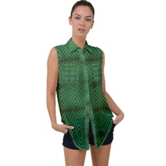 Green Diamond Grid Pattern Sleeveless Chiffon Button Shirt