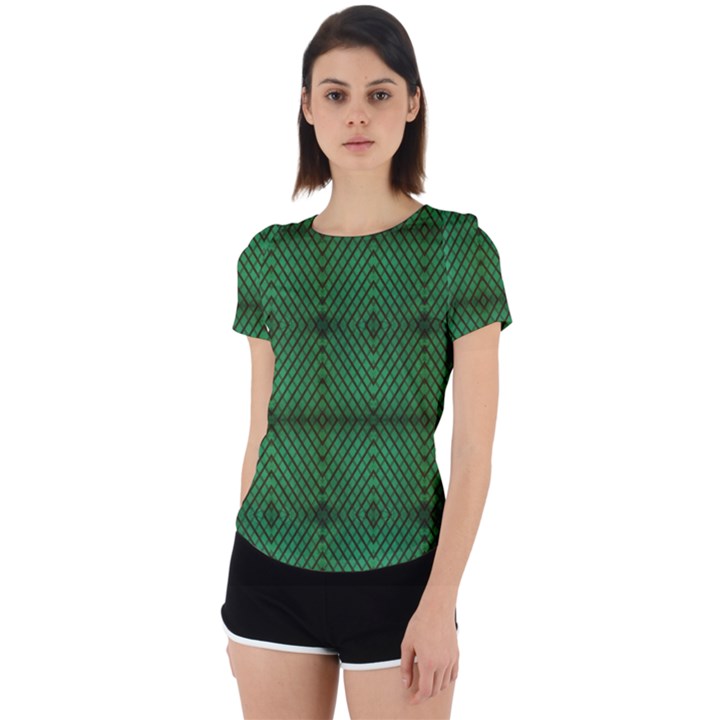 Green Diamond Grid Pattern Back Cut Out Sport T-Shirt