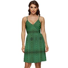 Green Diamond Grid Pattern V-Neck Pocket Summer Dress 