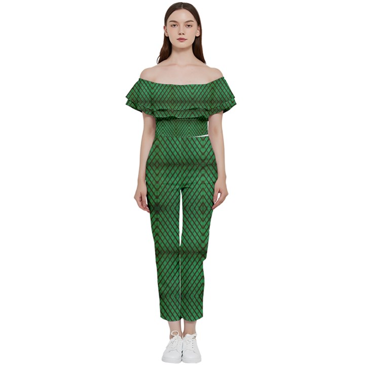 Green Diamond Grid Pattern Bardot Ruffle jumpsuit