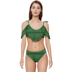 Green Diamond Grid Pattern Ruffle Edge Tie Up Bikini Set	